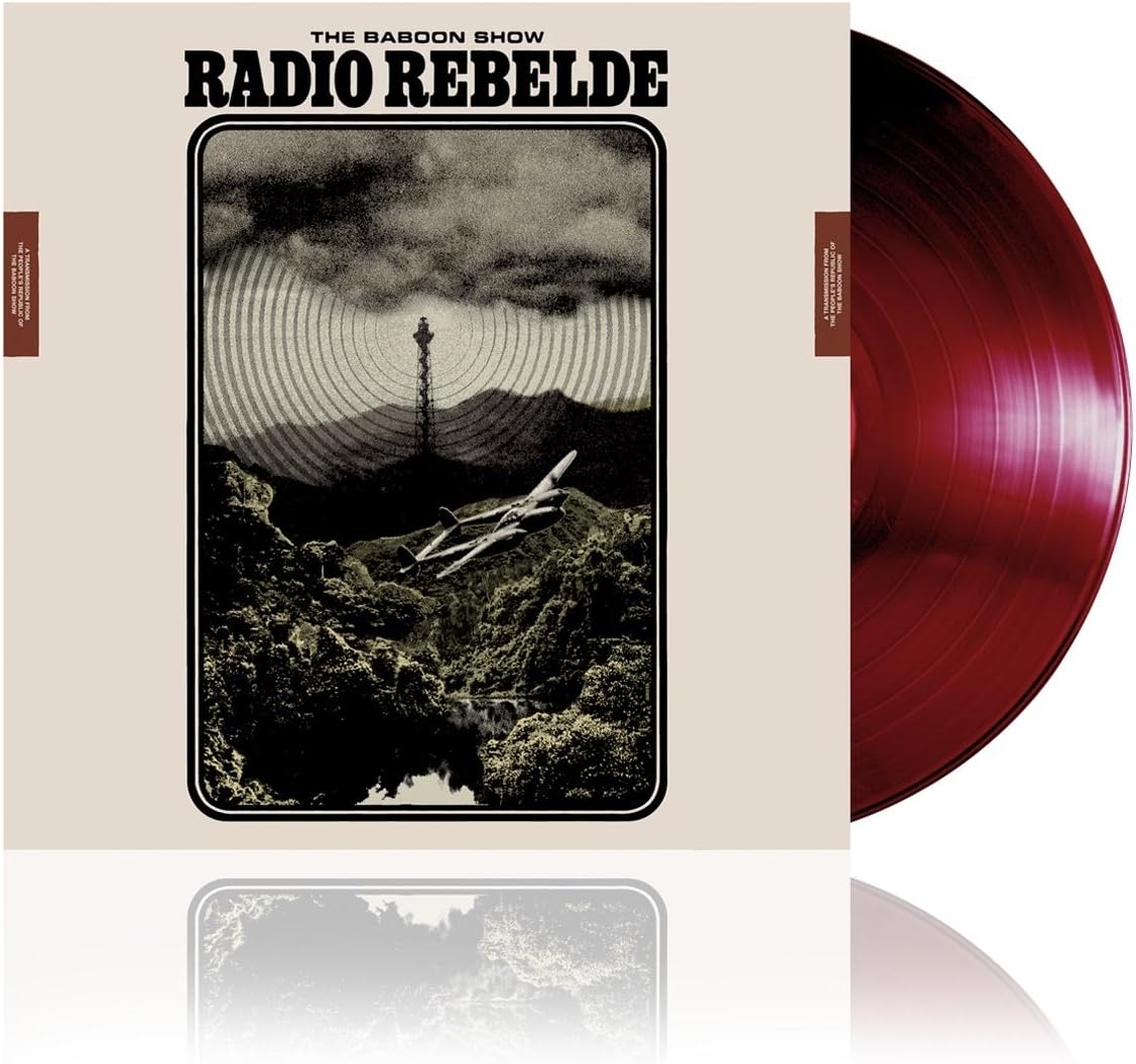 Vinyl record cover with a landscape featuring a radio tower and airplane.