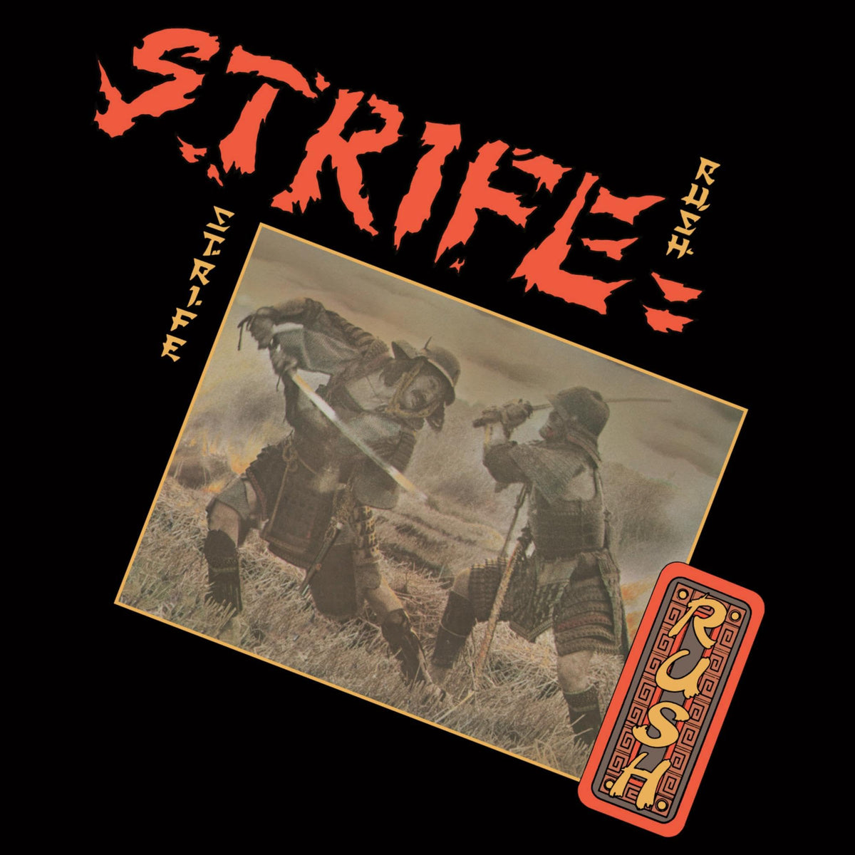 CD cover for Strife’s “Rush” featuring two samurai in combat.