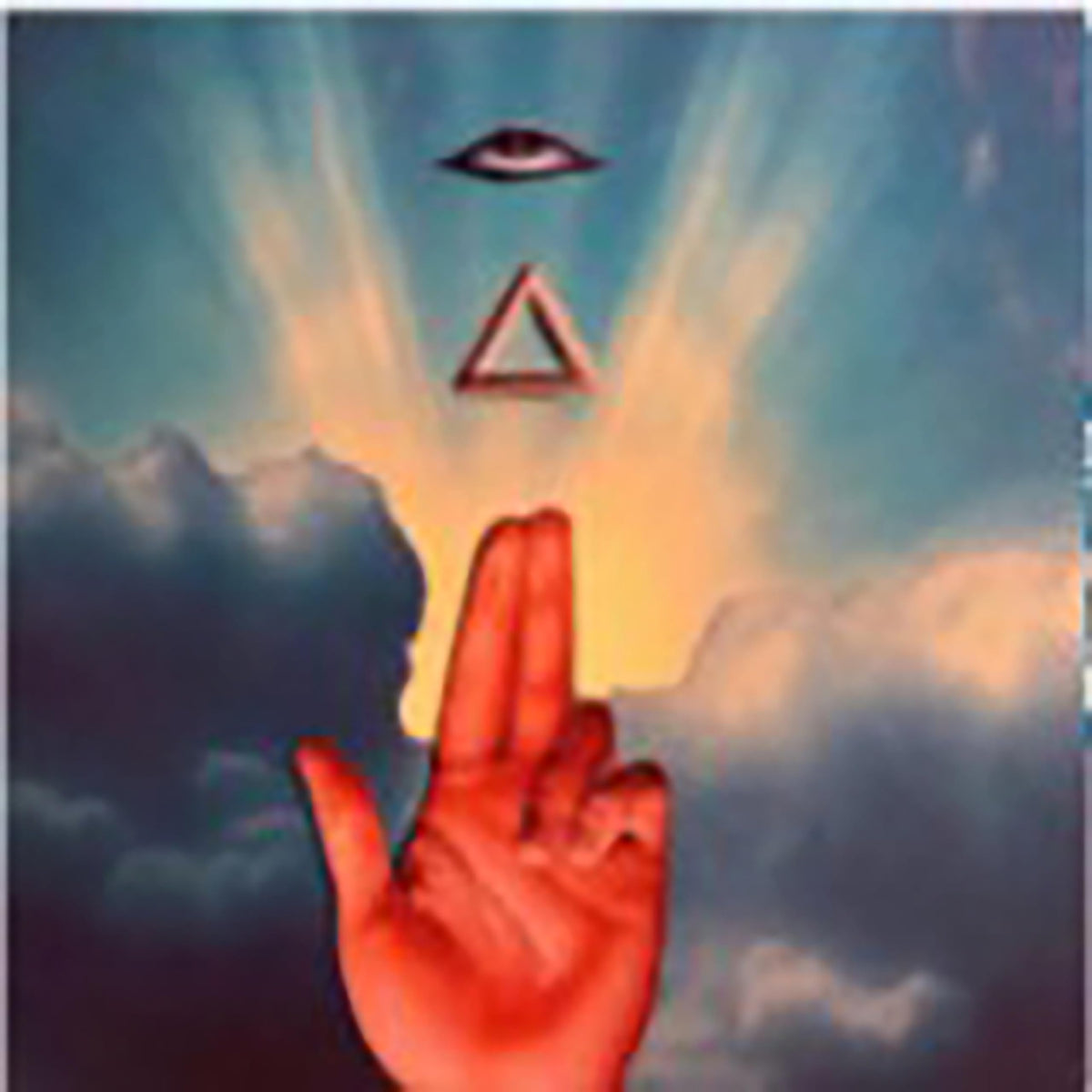 Album cover with a hand pointing towards an eye and triangle in clouds.