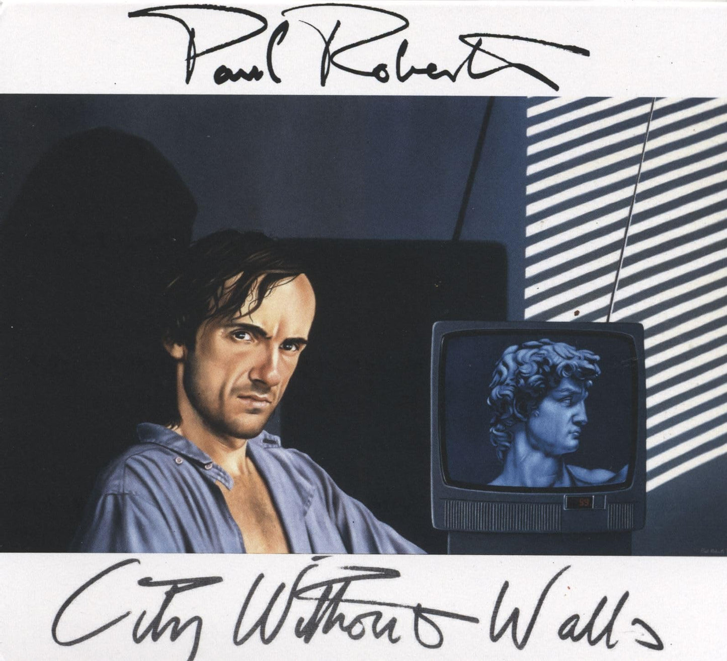 CD cover: man looking at sculpture on a television screen.