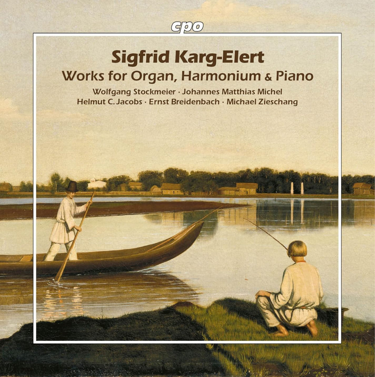 CD cover: lakeside painting with figures in a boat and on shore.