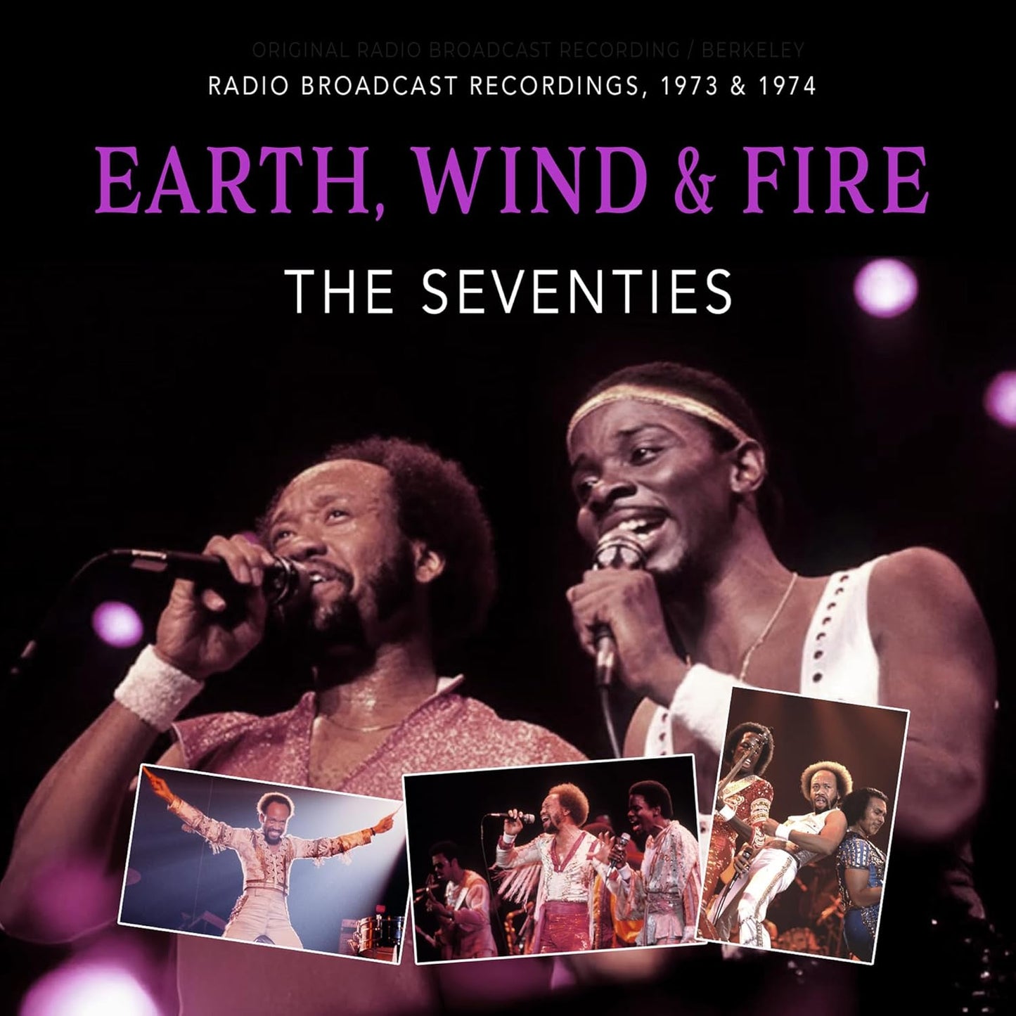 Earth, Wind & Fire album cover featuring band members and concert photos.