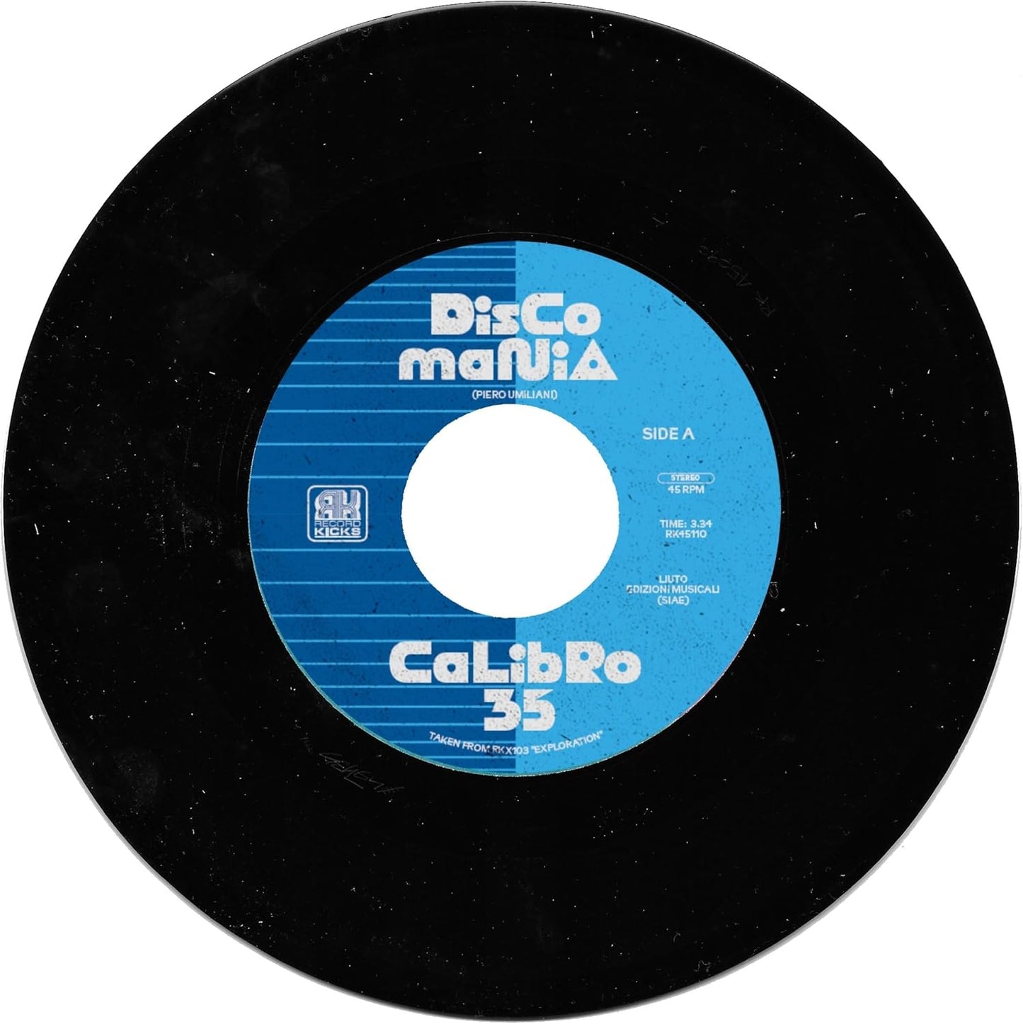 Black vinyl record label with colorful “Discomania” and “Calibro 35” text.