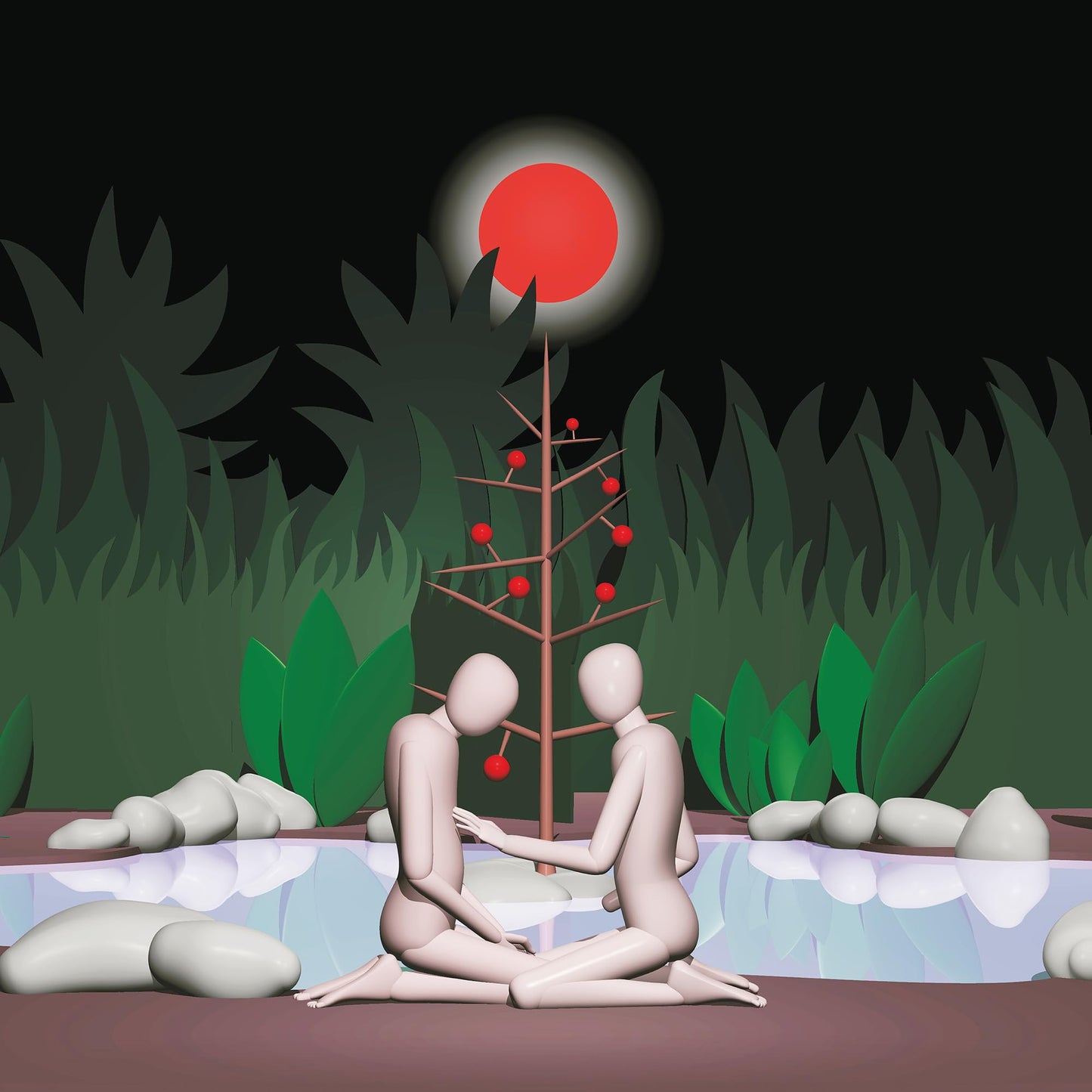 Stylized album cover: two figures by water, under a red moon and tree.
