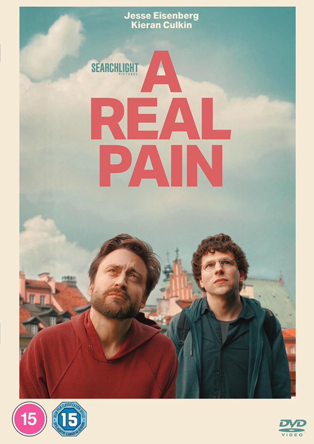 DVD cover for "A Real Pain" featuring two men against a city backdrop.