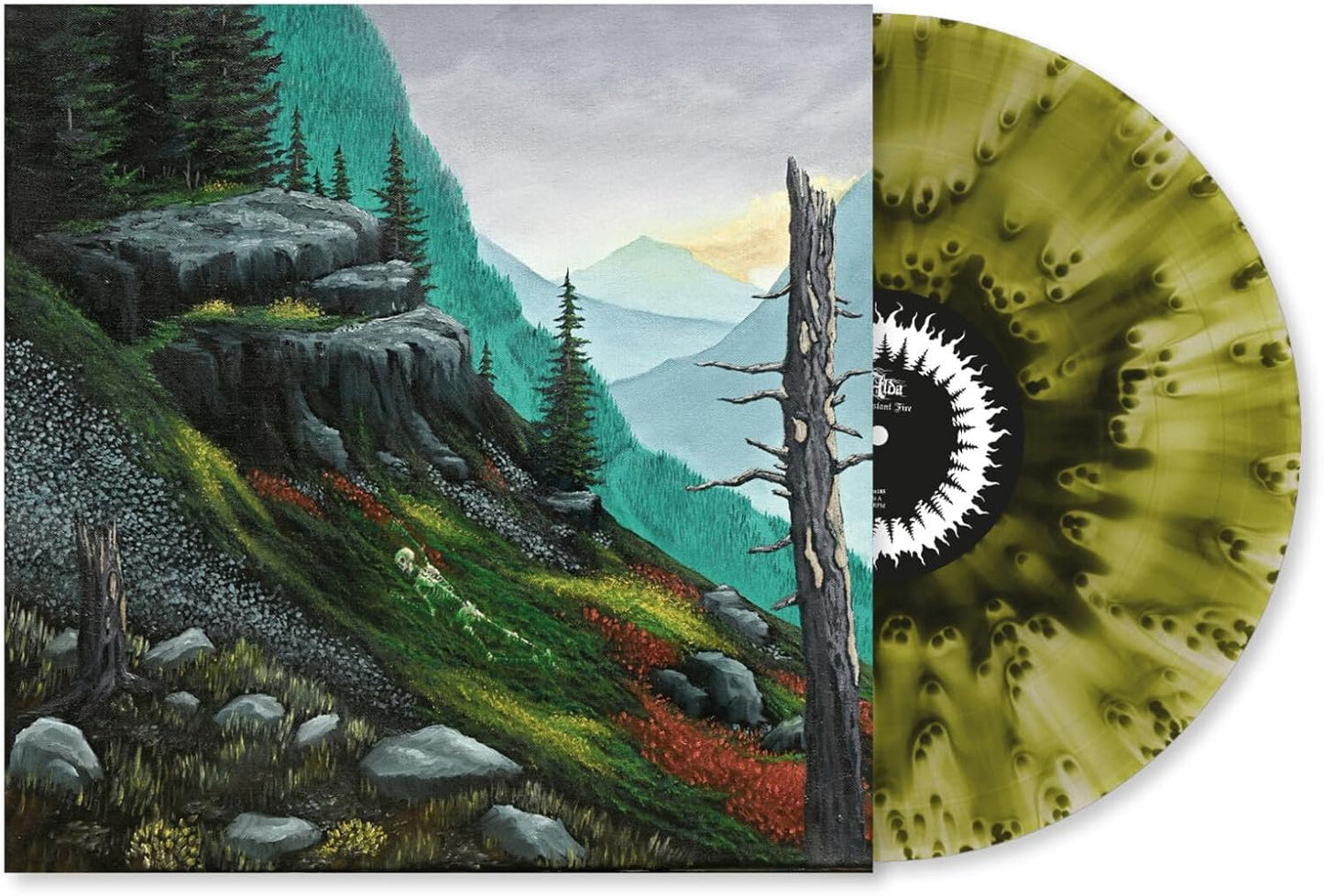 Vinyl record with landscape painting cover and green-yellow swirl pattern.