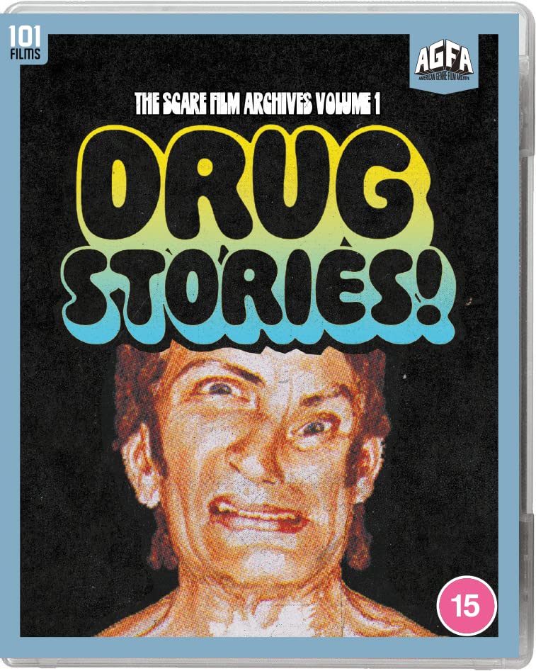 Blu-ray cover for "Drug Stories," featuring a distressed man’s face.