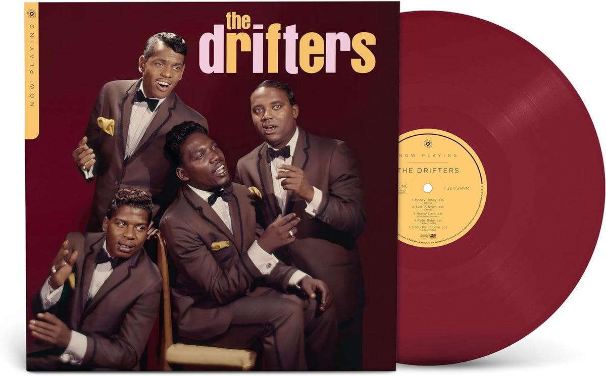 The Drifters vinyl record with a portrait of the group on the cover.