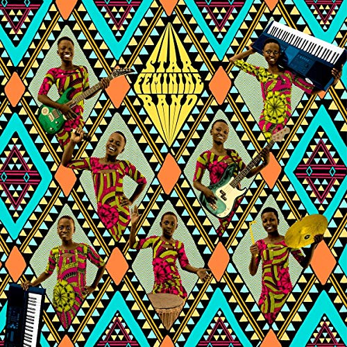 Album cover featuring six women with instruments against a colorful, patterned background.