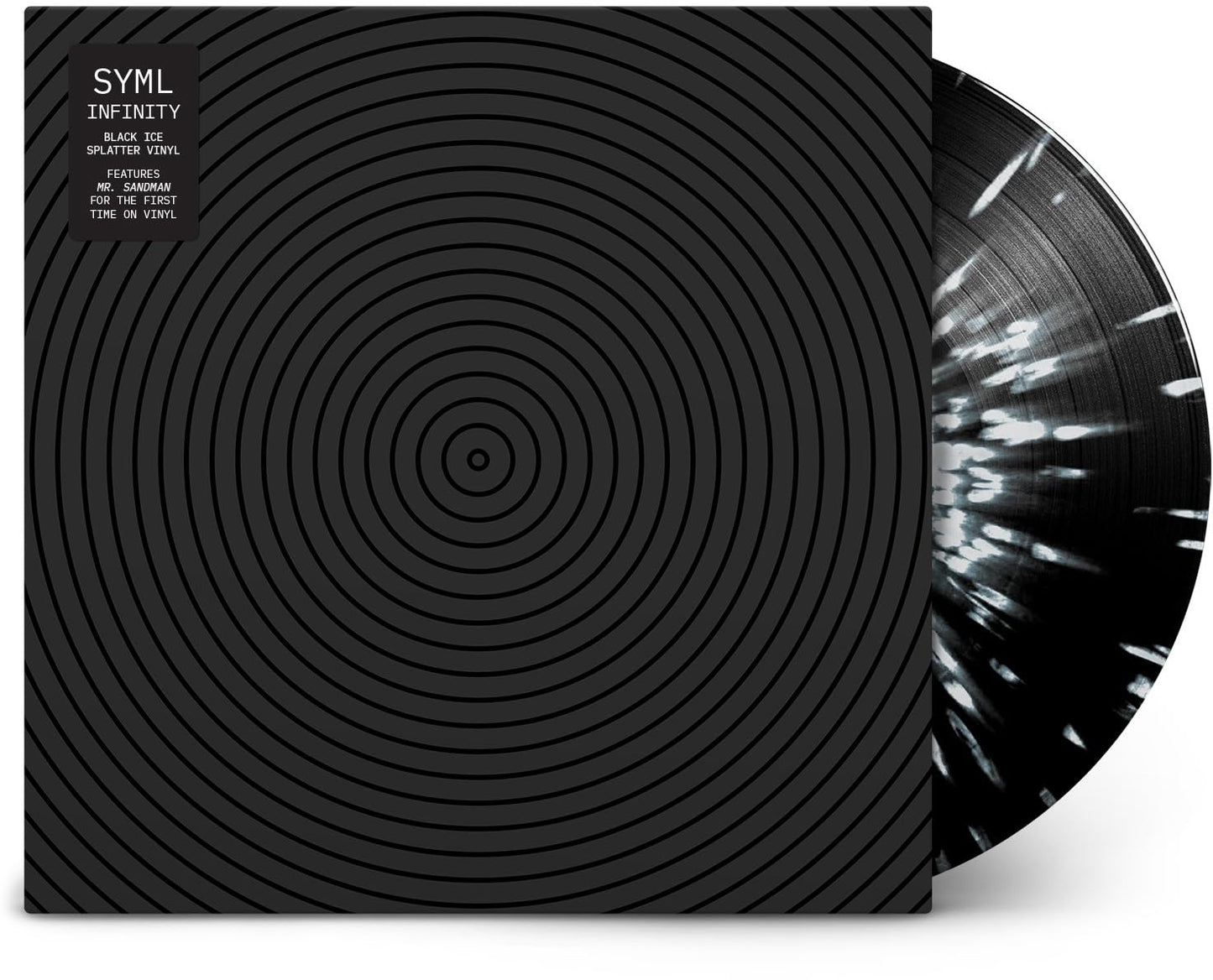 SYML Infinity vinyl record with black and white splatter pattern and concentric circle cover.