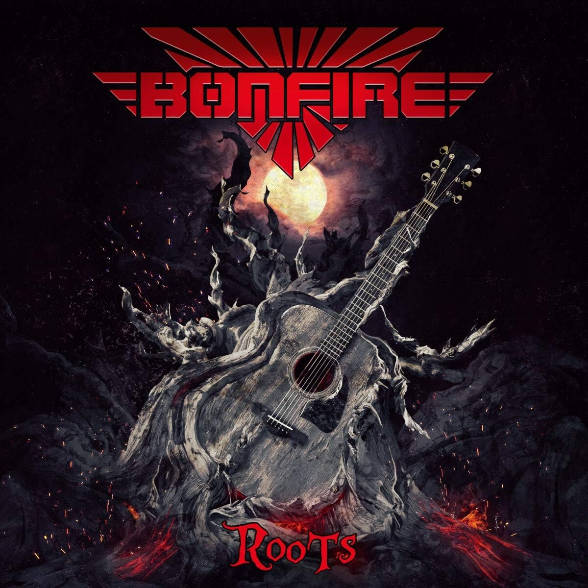 CD cover for Bonfire’s “Roots” featuring a tree with a guitar.