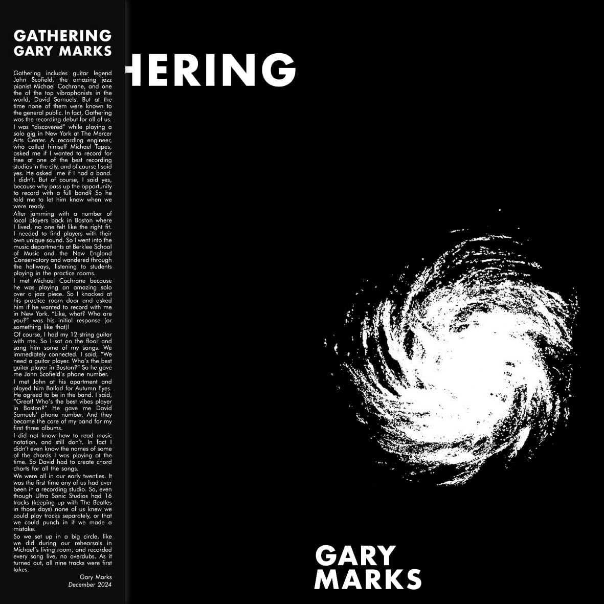 Vinyl record of Gary Marks’ “Gathering” with a blue and white cover.