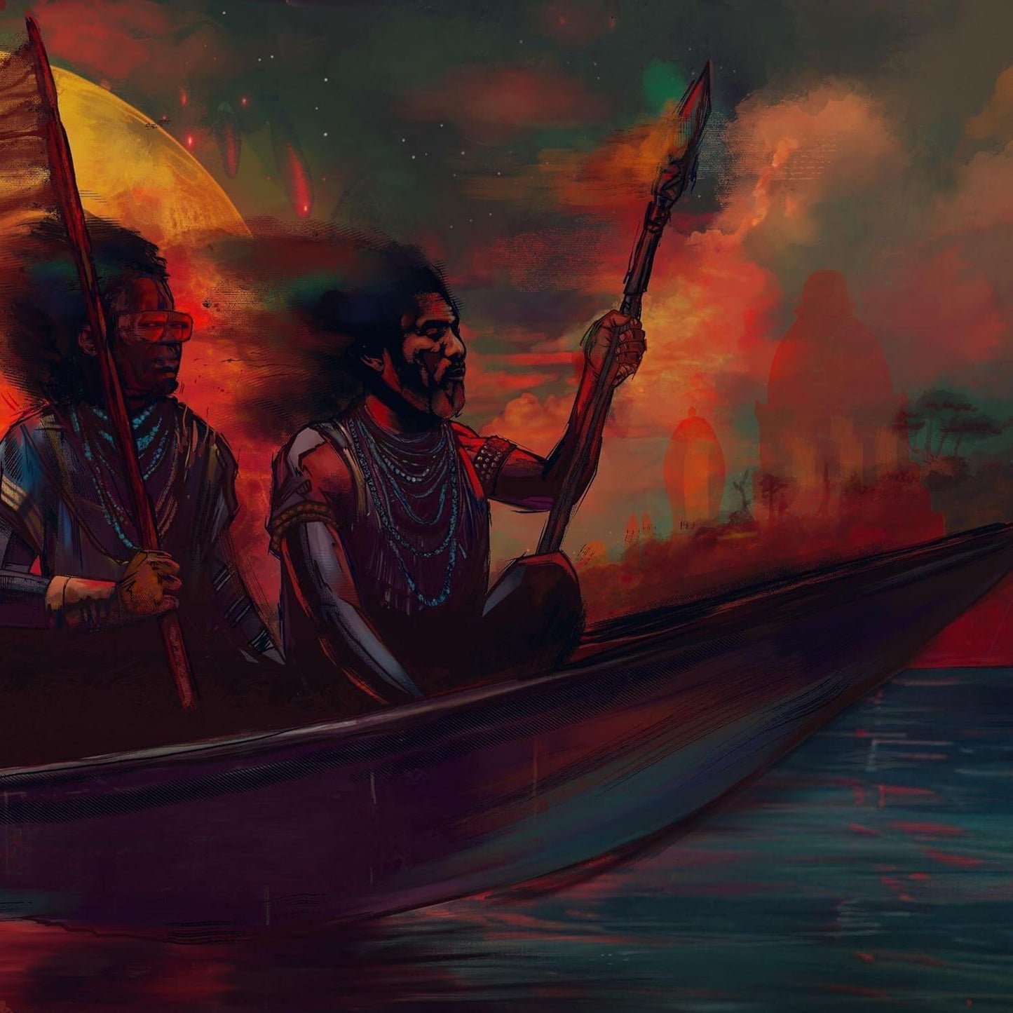Two men in a boat rowing toward a fiery, surreal landscape.