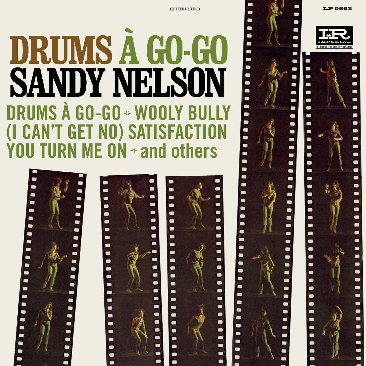 1960s album cover for "Drums A Go-Go" by Sandy Nelson, with filmstrip border.