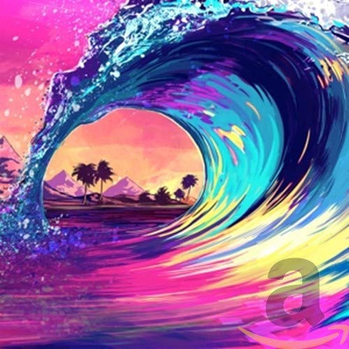 Colorful wave illustration with palm trees and mountains in the background, vibrant pink and blue.
