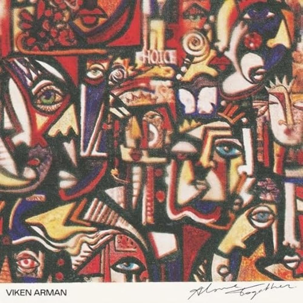 Abstract album cover with fragmented faces and bold colors, "Alone Together".