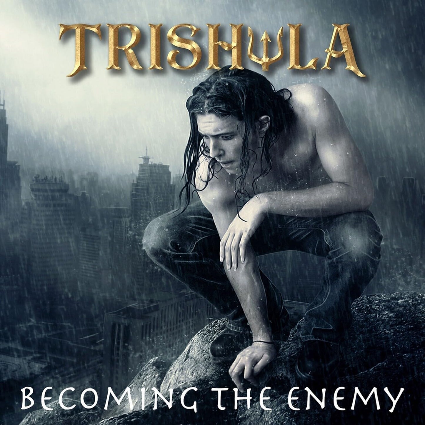 CD cover: man crouching on a gargoyle in a rainy cityscape.