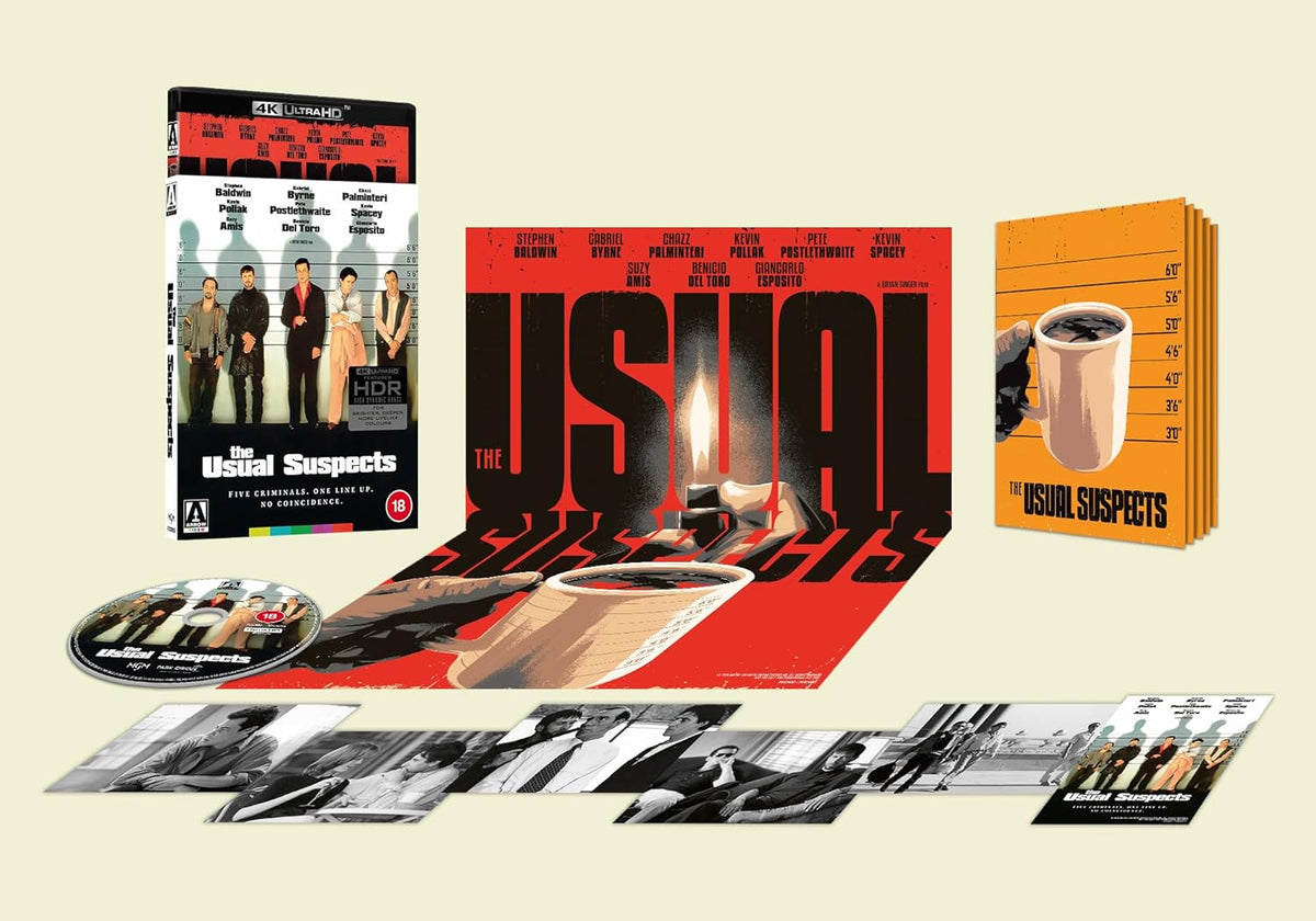 The Usual Suspects" Blu-ray case with film stills, disc, and police lineup cards.