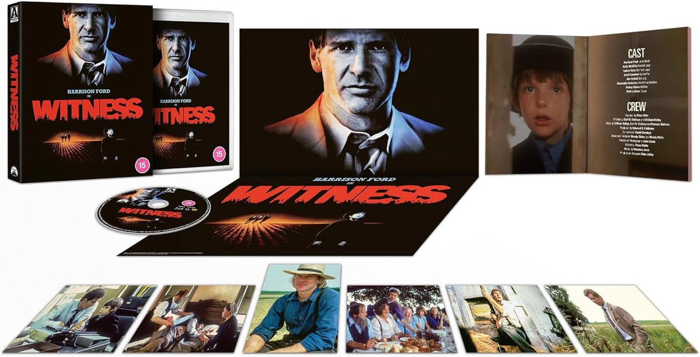 Witness Blu-ray collector's edition set featuring Harrison Ford, movie stills, and cast information.