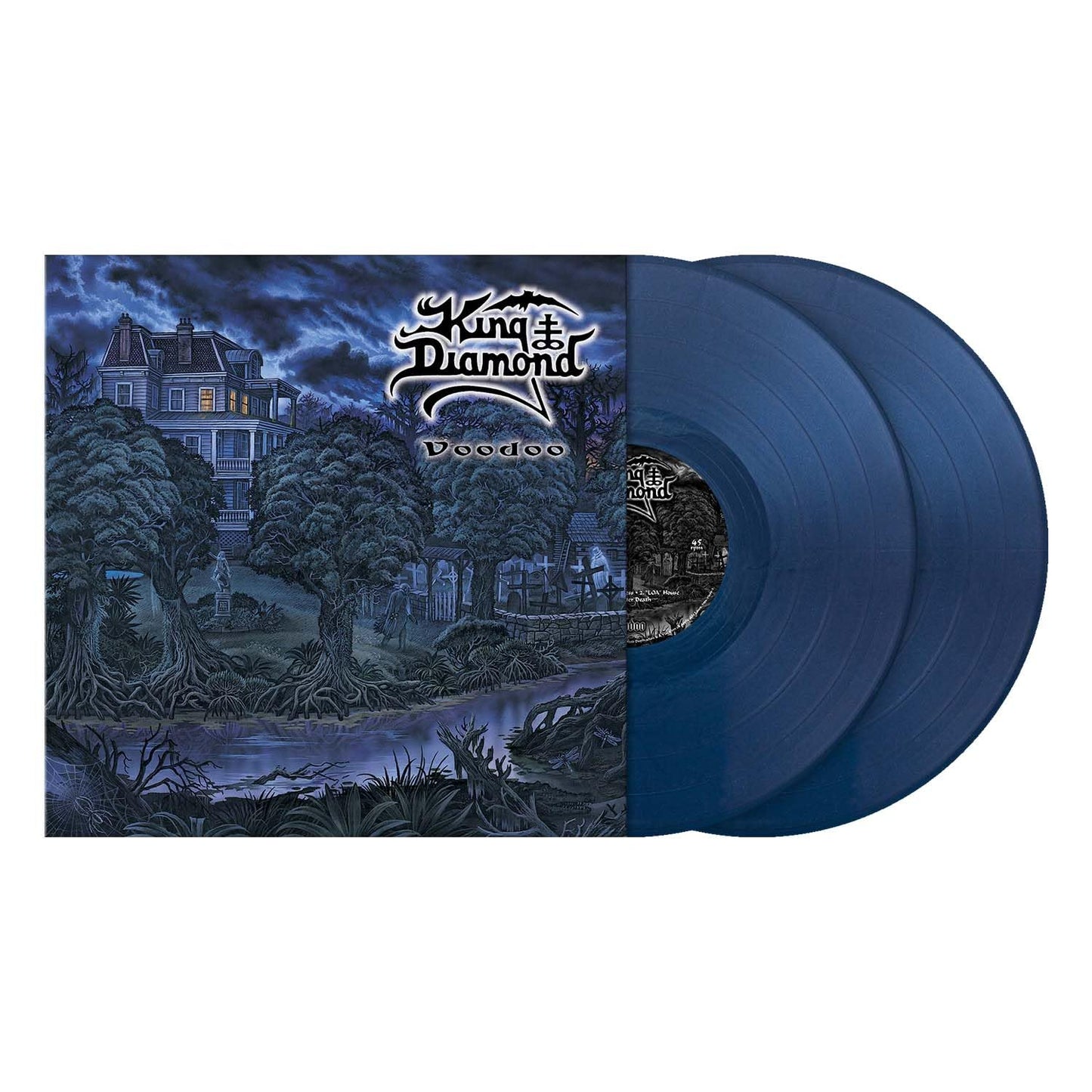 King Diamond "Voodoo" vinyl record, blue color, haunted house cover art.
