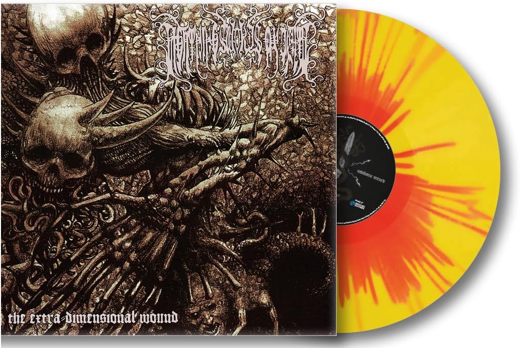 Record album cover with skull illustration and sunburst yellow/red vinyl.