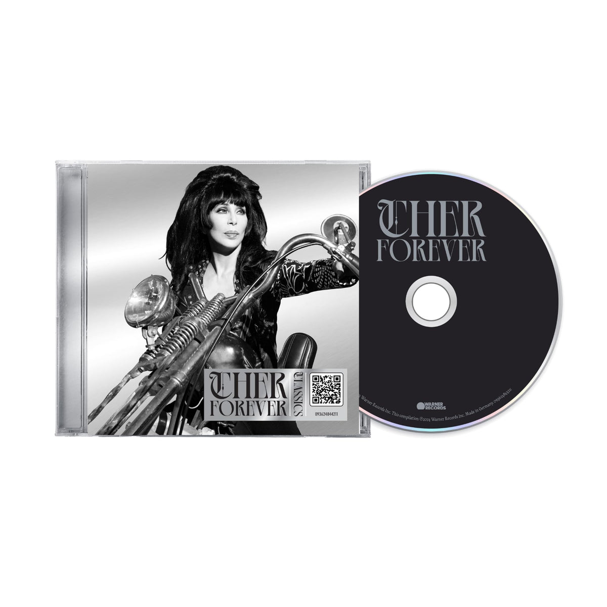 Cher "Forever" CD case with image of Cher on a motorcycle.