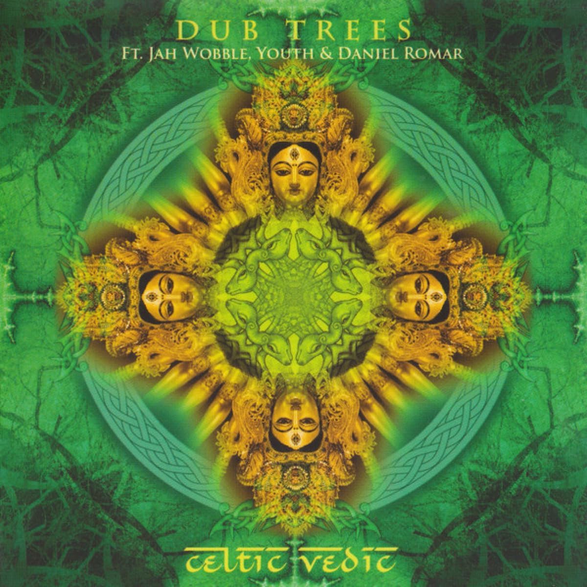 Green album cover with symmetrical golden faces and Celtic knot designs.