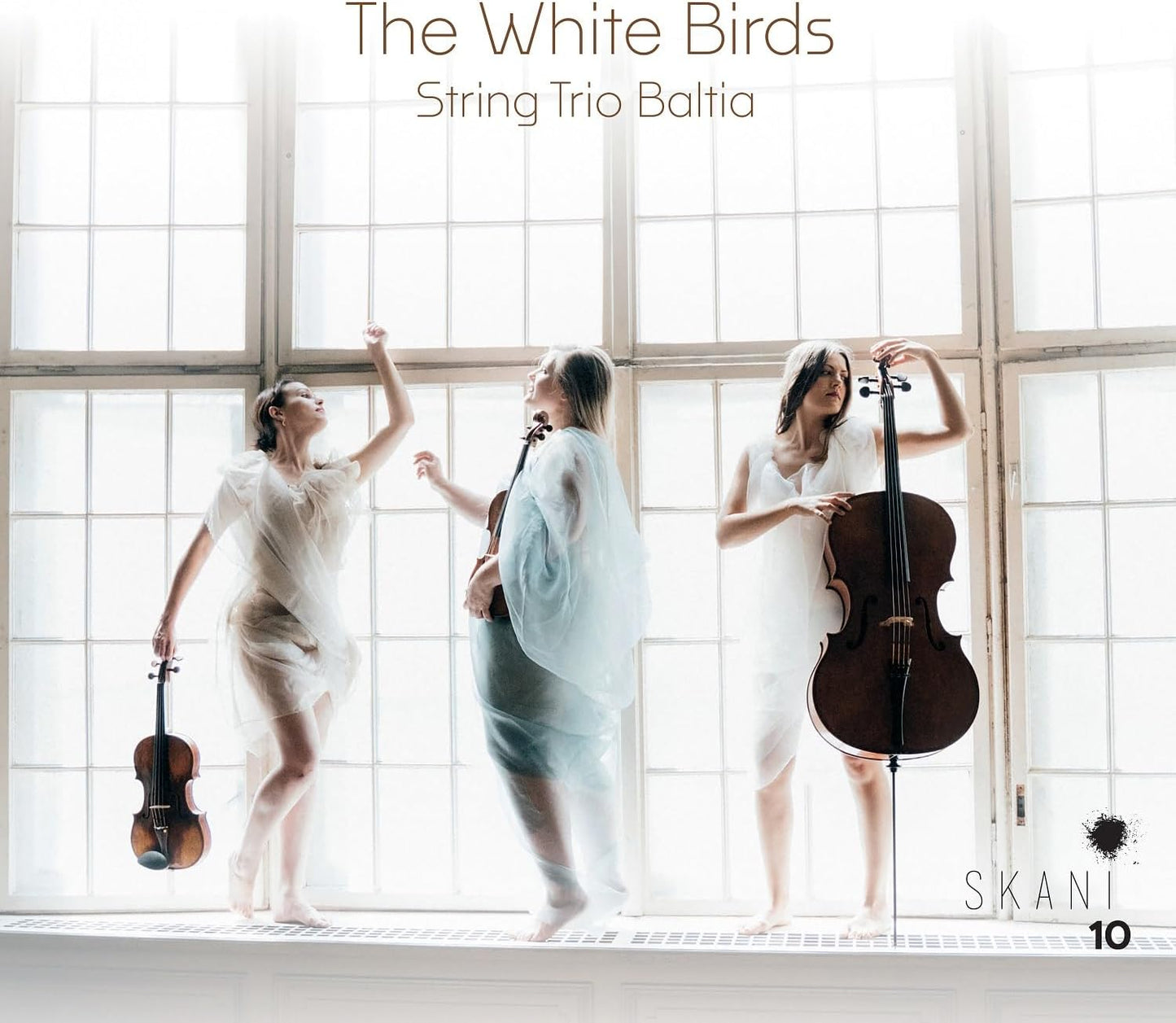 Three musicians with string instruments stand before a bright window.