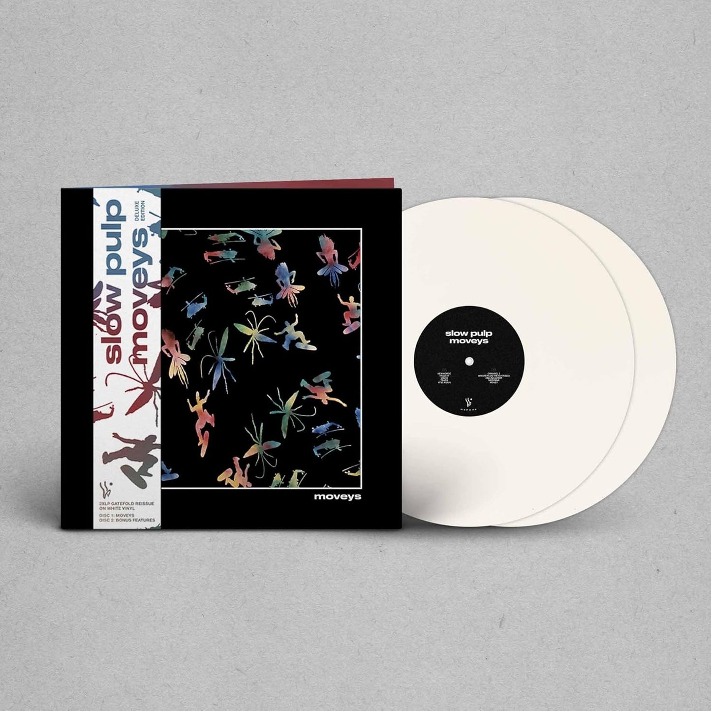 White vinyl LP of Slow Pulp’s “Moveys” with colorful, abstract cover art.