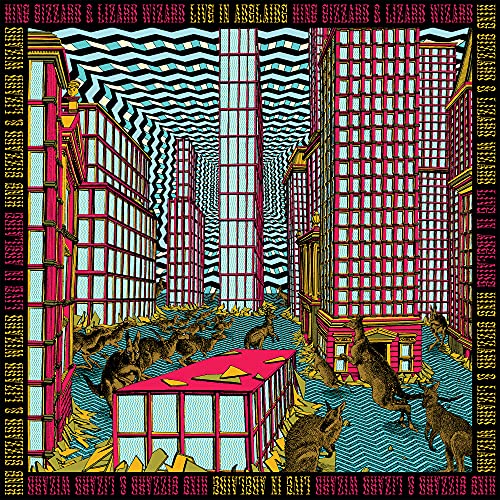 Psychedelic album cover with a distorted city street and many lizards.