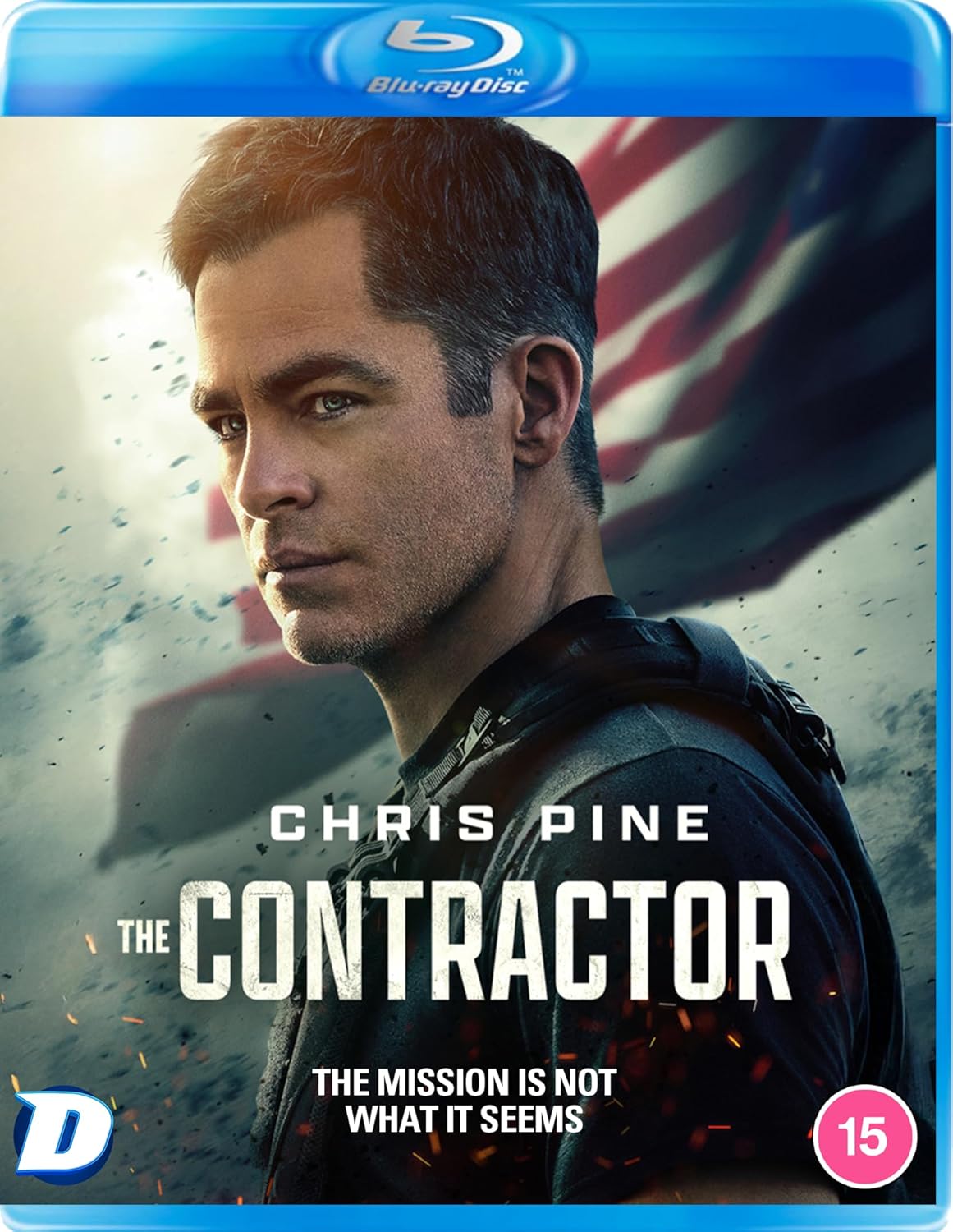 Blu-ray cover for The Contractor featuring Chris Pine with a blurred American flag background.
