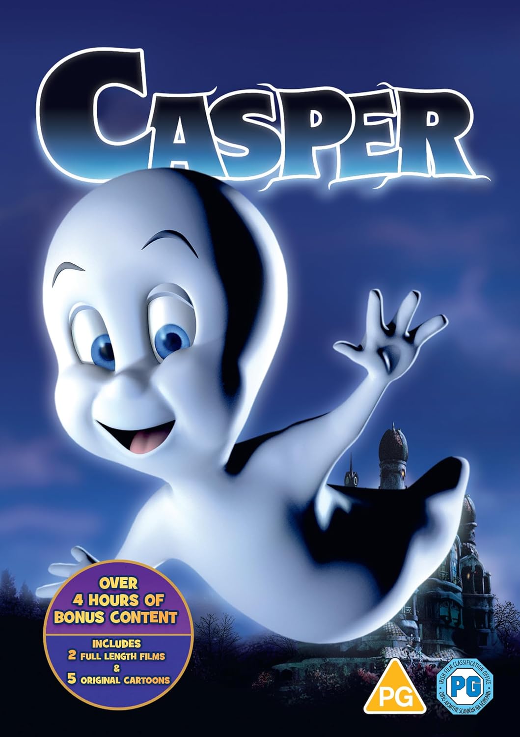 Casper the friendly ghost on a DVD cover with a haunted house.