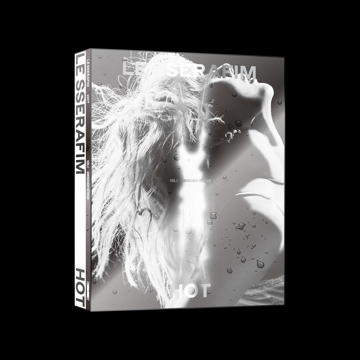 Le Sserafim "Hot" album cover: wet hair, black and white portrait.