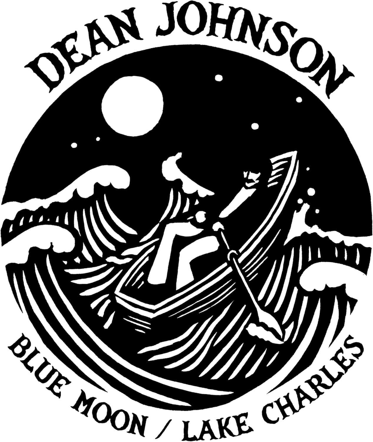 Black and white illustration of a person rowing a boat on waves.