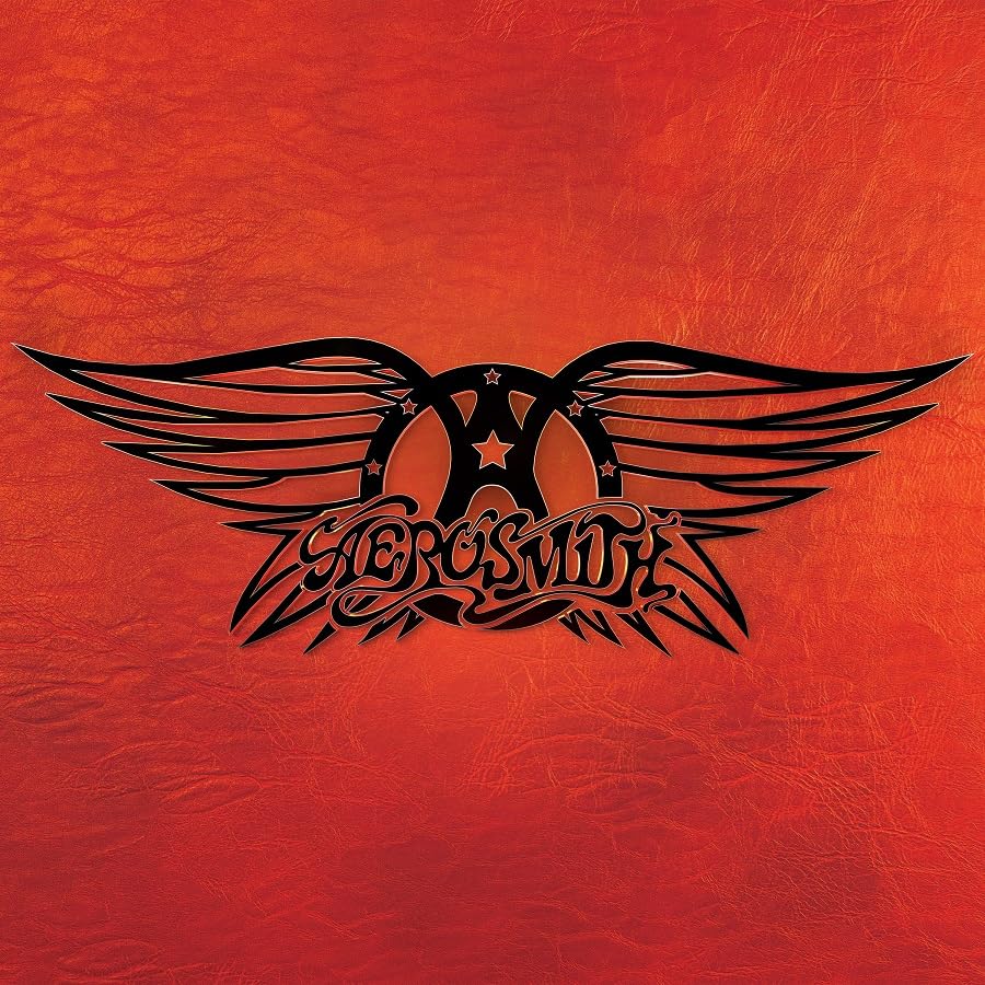 Aerosmith logo with black wings on a textured red background.