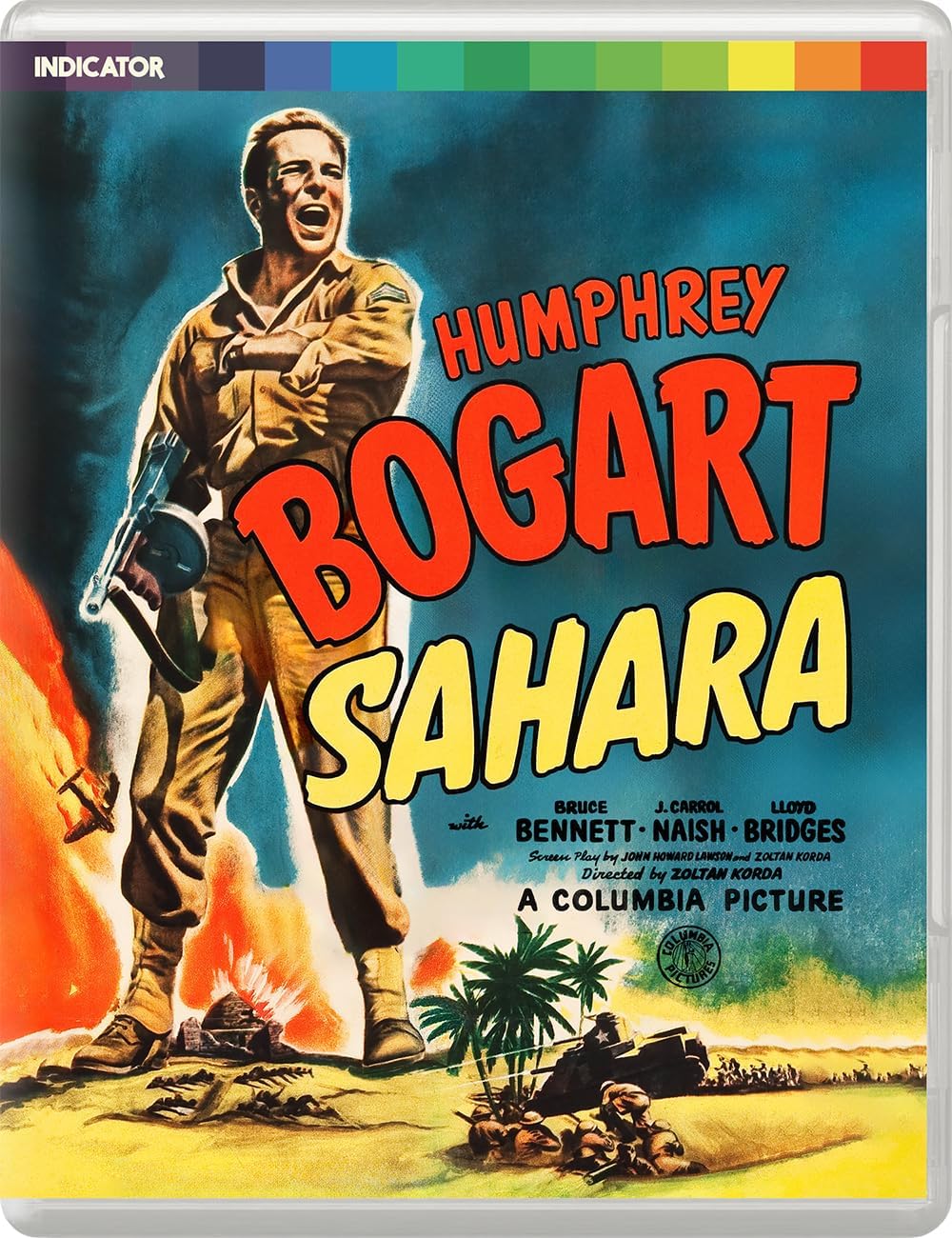 Blu-ray cover art for the film Sahara featuring Humphrey Bogart in a desert scene.