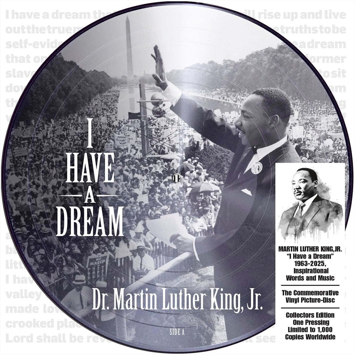 Picture disc vinyl record featuring Martin Luther King Jr. and a march crowd.