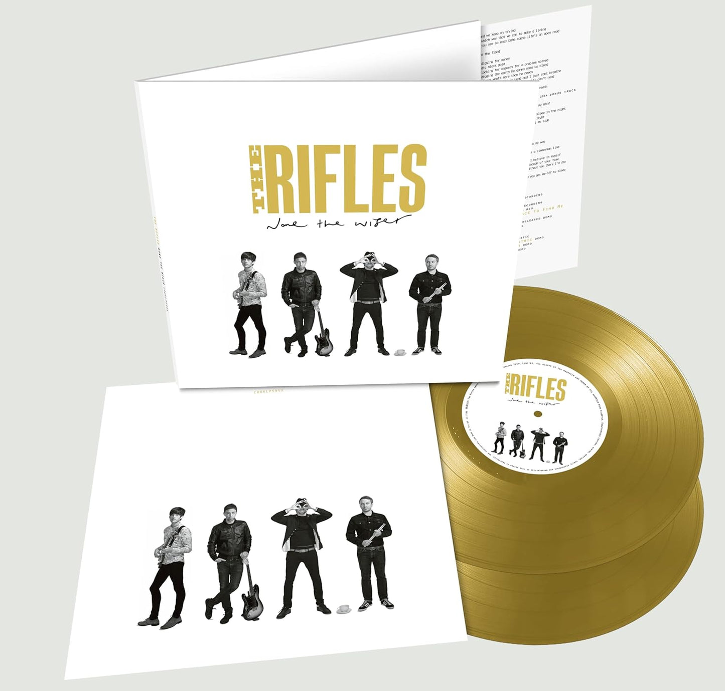 Gold vinyl record and album cover for The Rifles’ “None The Wiser.”