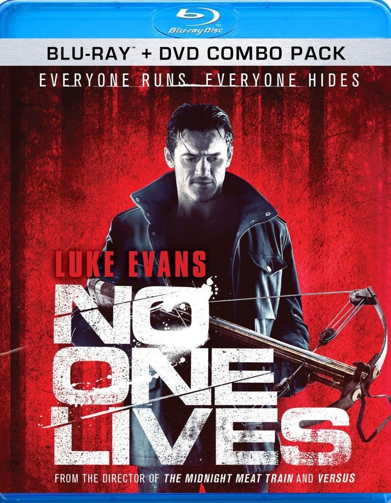 Blu-ray cover for "No One Lives" featuring Luke Evans with a crossbow.