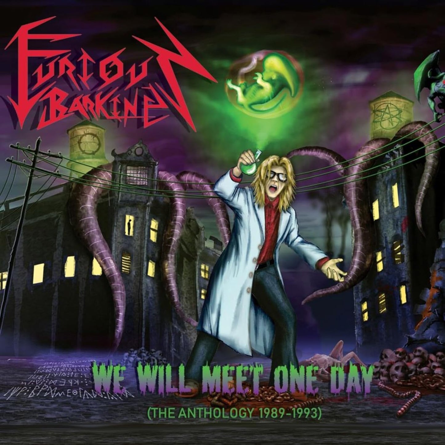 CD cover: mad scientist, castle, and eerie green landscape.