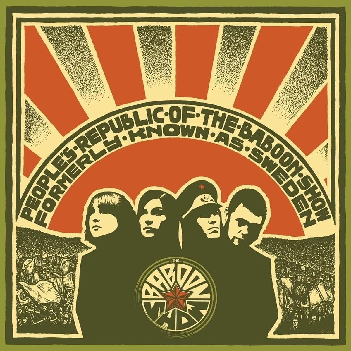 Record cover: band portrait with radiating lines and stylized text.