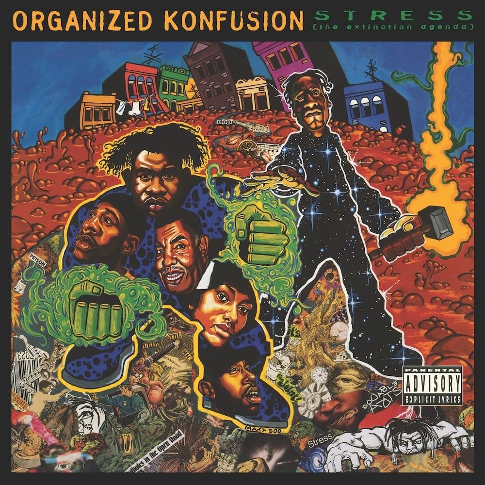 Album cover for Organized Konfusion’s “Stress: The Extinction Agenda” with portraits.