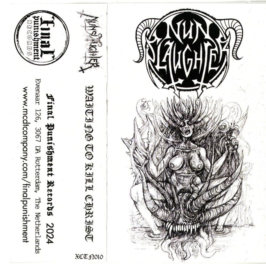 Black and white sketch of a demonic figure with band logos and text.