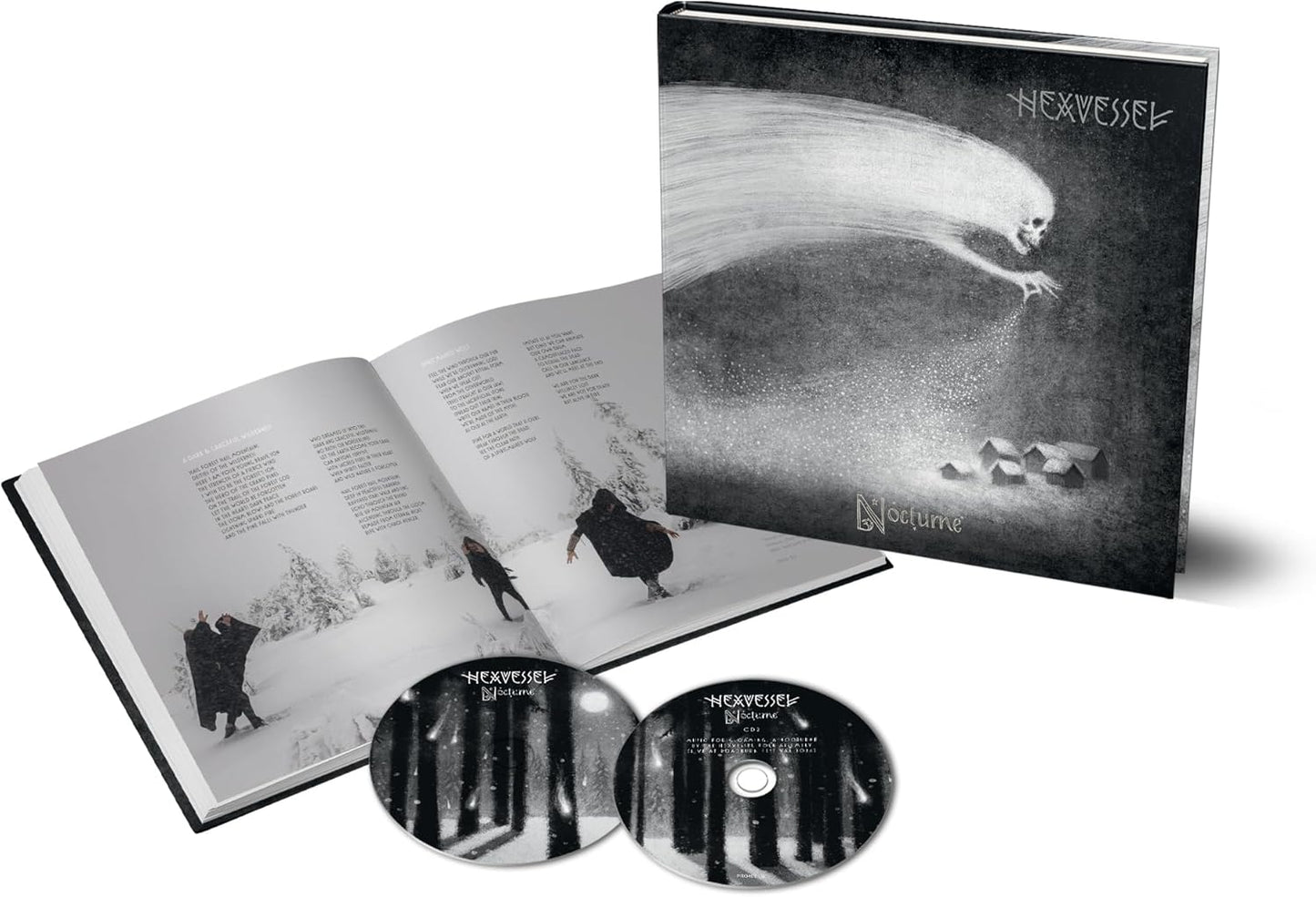 Hexvessel's "Nocturne" CD case open with booklet, disc, and cover art displayed.