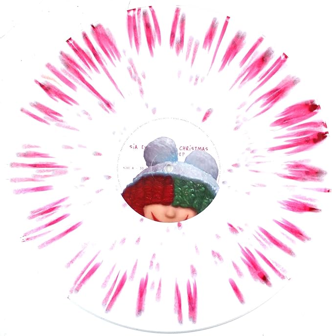 Red and white vinyl record with a portrait of Sia in a beanie.