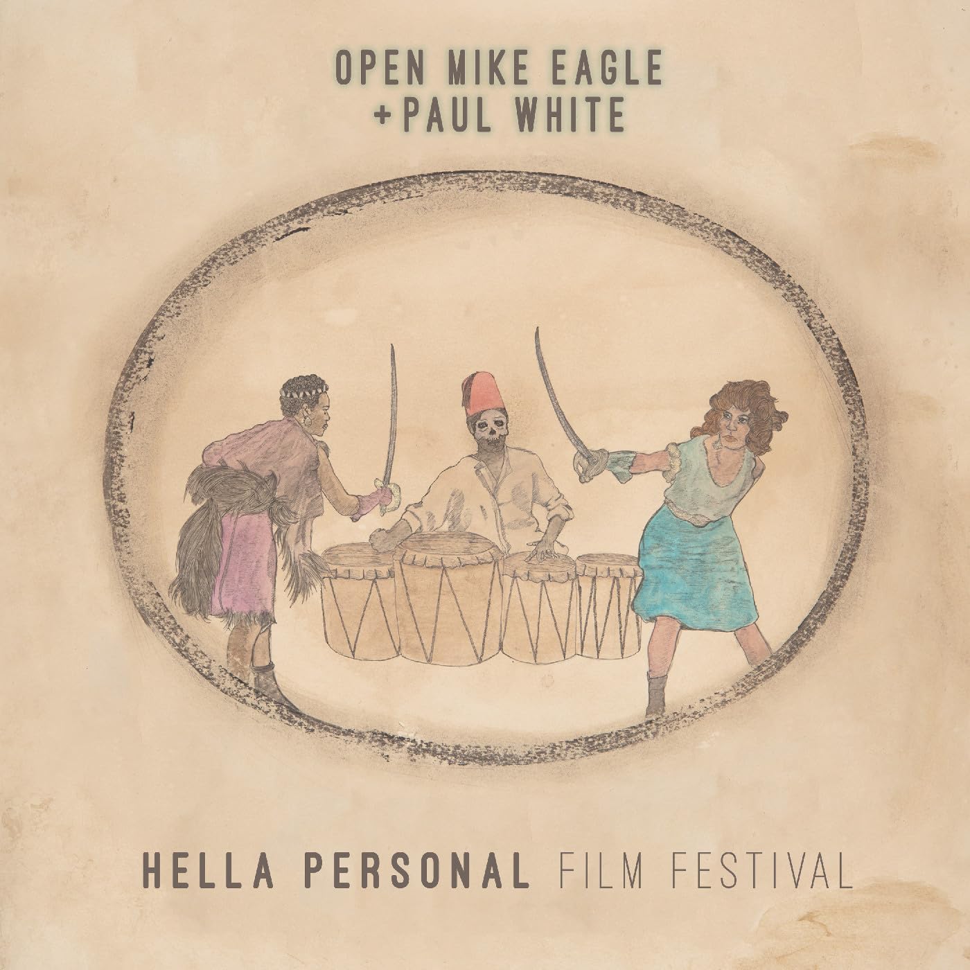 Album cover with three figures wielding swords around drums in a circle.