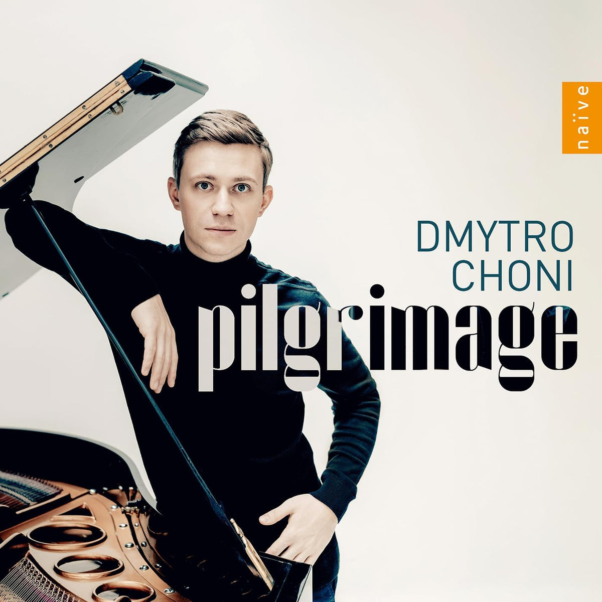 Dmytro Choni portrait with a piano, album title "pilgrimage" visible.