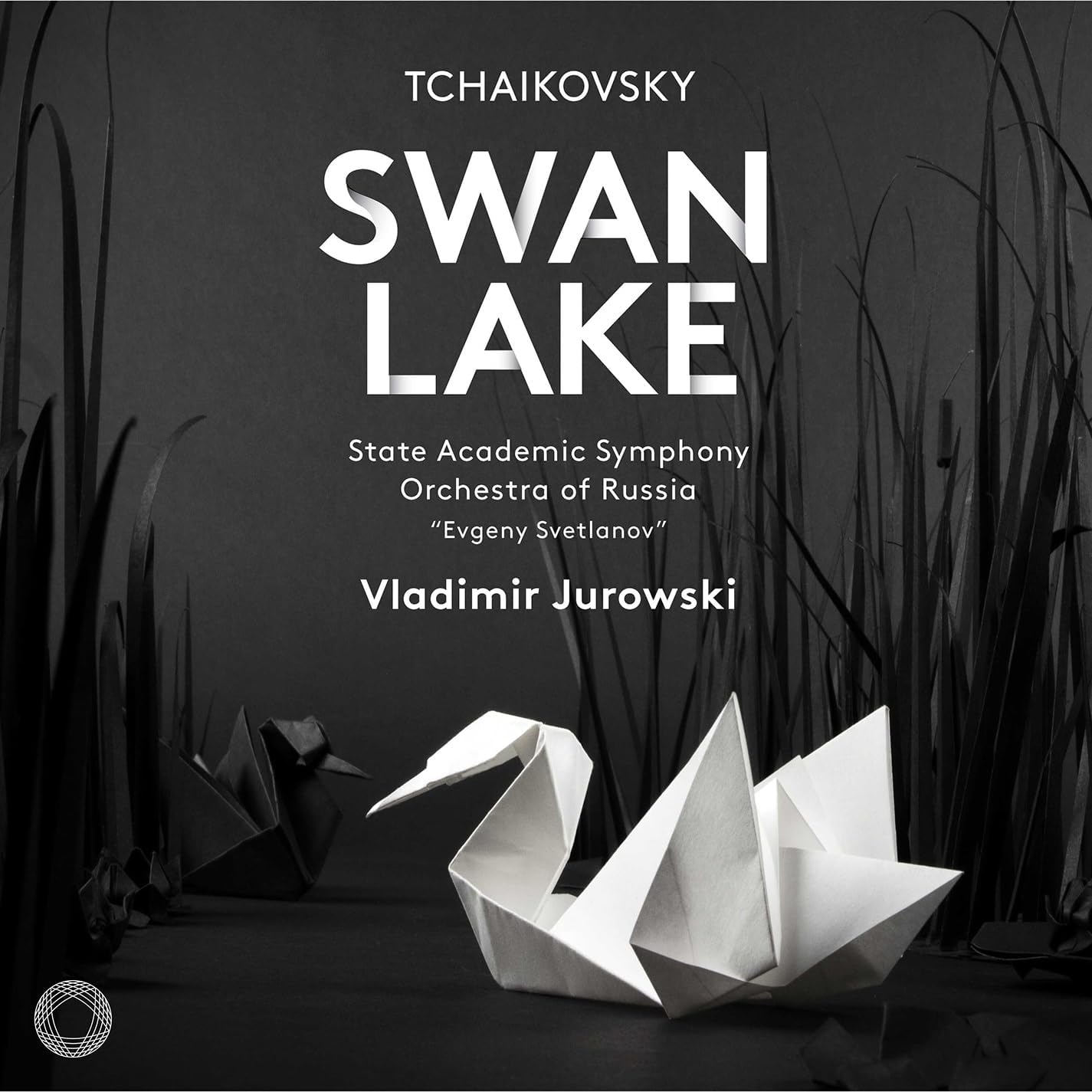 CD cover for Tchaikovsky’s Swan Lake, featuring origami swans and text.