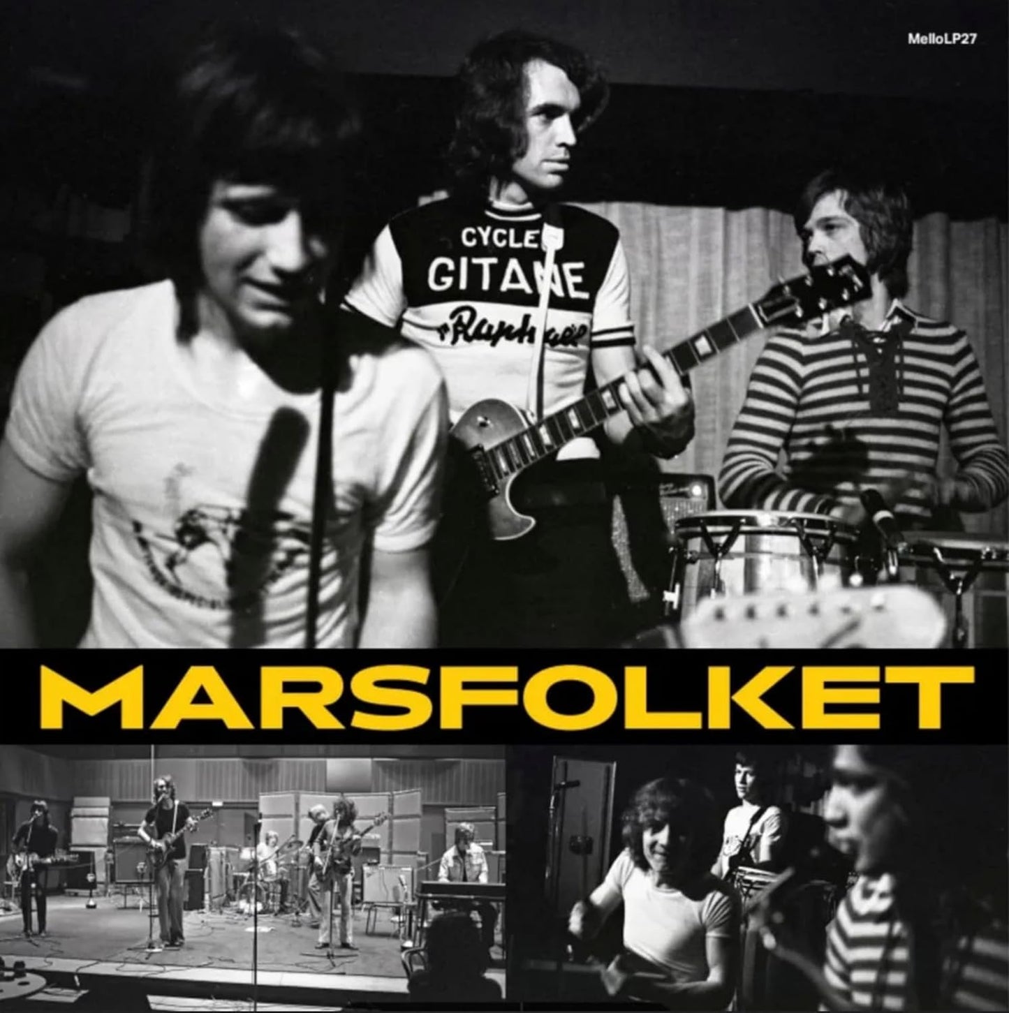 Black and white album cover featuring musicians playing instruments.