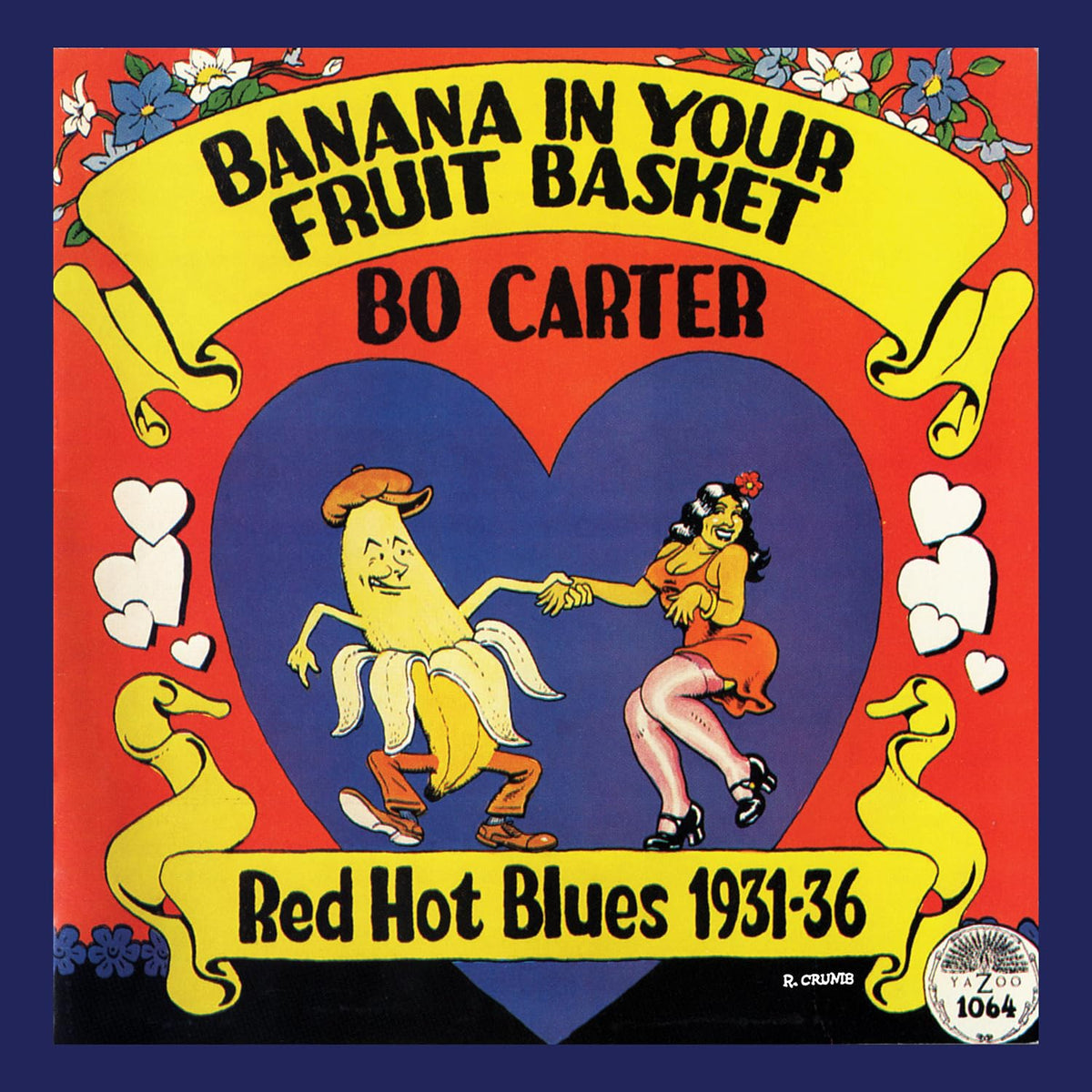 Vintage album cover featuring a dancing banana, couple, and heart motifs.